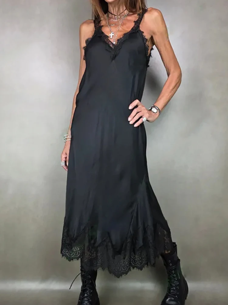 Abito lungo patchwork in pizzo sexy con cinturino per spaghetti, abito da festa elegante senza maniche estivo da donna, abito da donna alla moda per le vacanze 2025