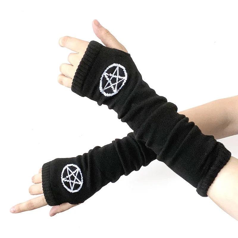 Y2k Fingless Gloves Hiphop Techwear Accessories Harajuku Emo Anime Scene Gloves Gothic Knit Arm Warmers Satan Cross Mitten Elbow