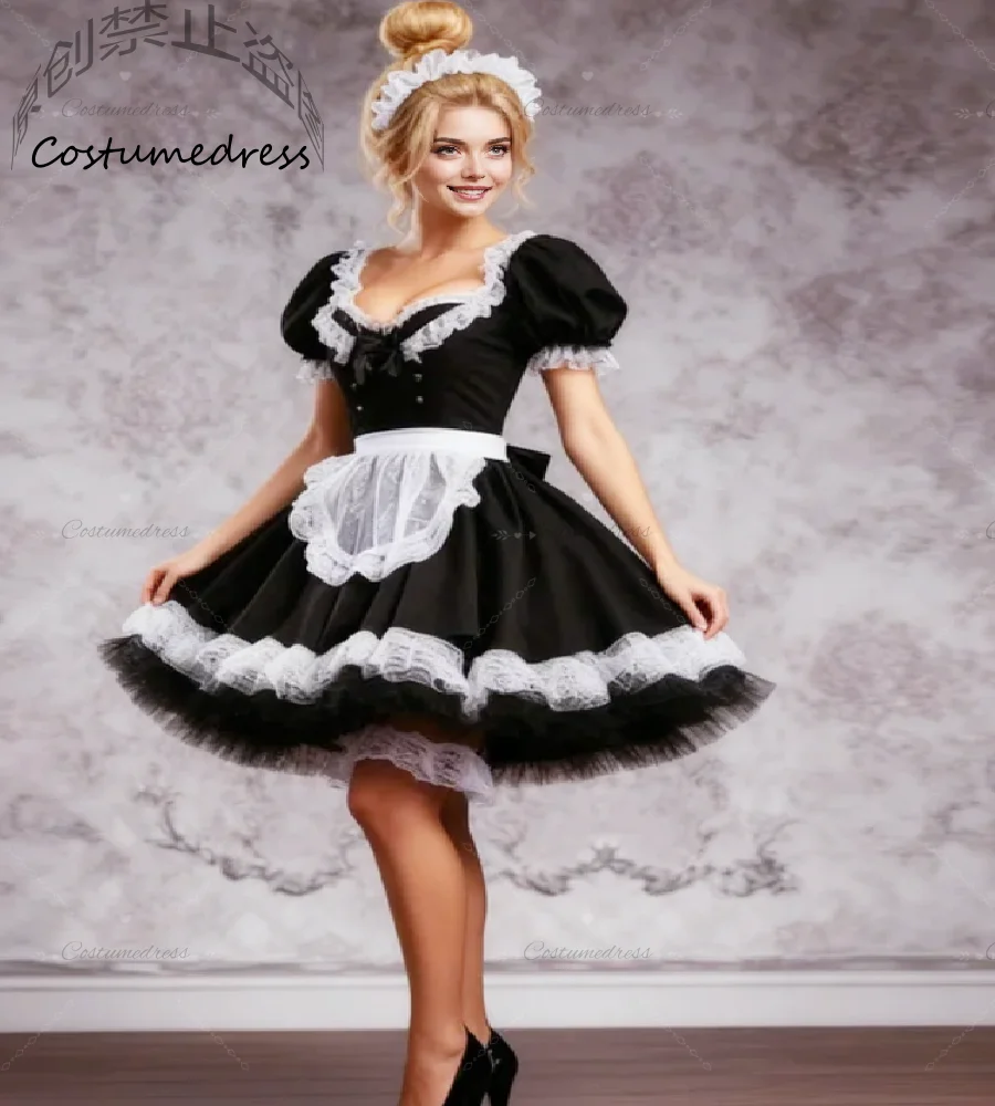 할로윈 메이드 의상 이브닝 드레스 흑백 고딕 짧은 댄스 파티 드레스 2026 프릴 코스프레 로리타 공식 파티 가운 마녀