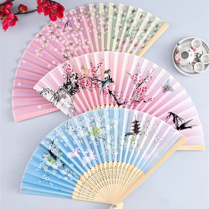 Vintage Silk Folding Hand Fan Chinese Japanese Bamboo Fans Craft Gifts Women Dance Performance Props Home Decoration Ornaments