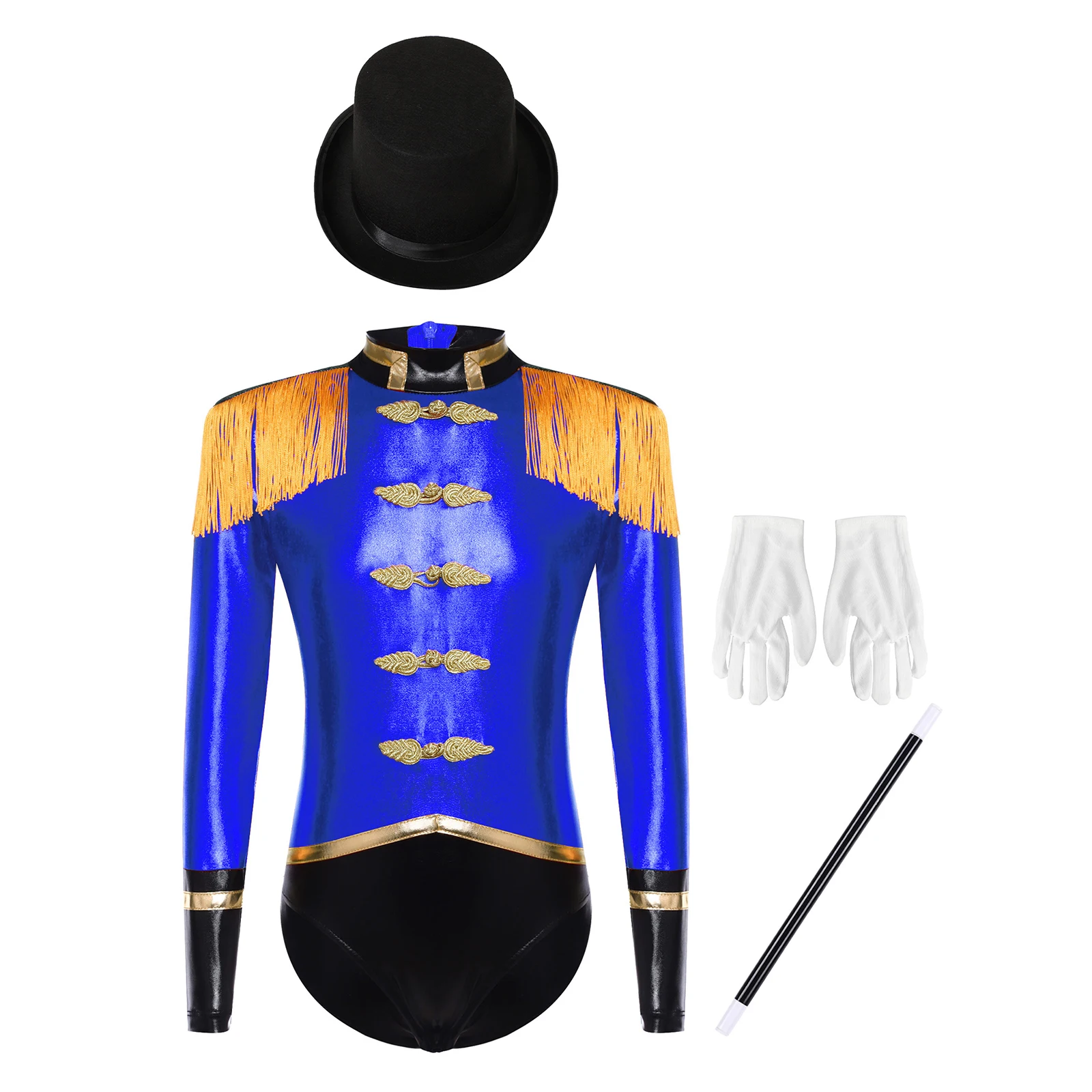 

Kids Circus Magician Costume Metallic Shiny Leotard with Tassel Epaulets Hat Gloves Magic Wand for Dress Up Performance Party
