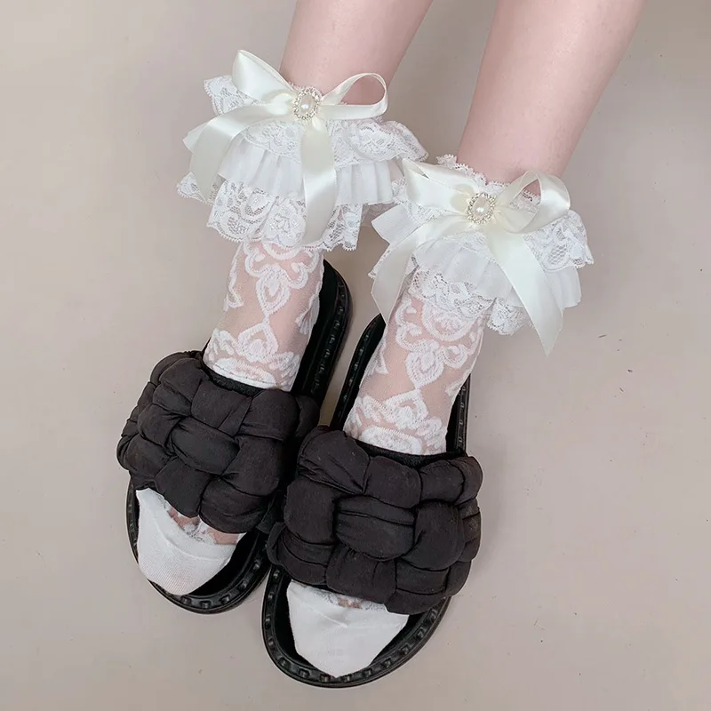 

Elegant Princess Short Ankle Sock - Multi-Layer Crystal Lace with Adjustable Bow, Ultra-Thin Sheer Stacked Design for Daily Wear