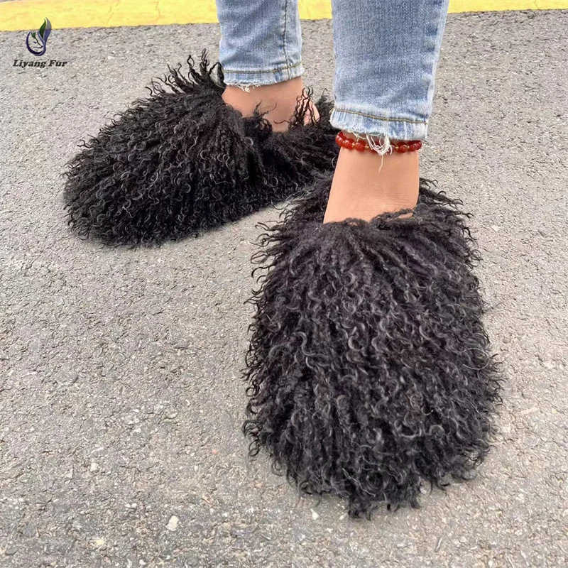 Wholesale Winter Warm Faux Fur Slides Fluffy Home Indoor Anti-Slip Plush Faux Mongolian Fur Slippers