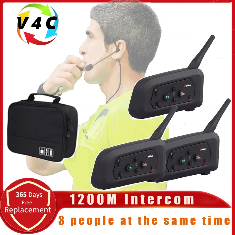 3 Users V4C PRO Football Referee Intercom Headset 1200M Full Duplex Bluetooth Headphone Soccer Conference Interphone