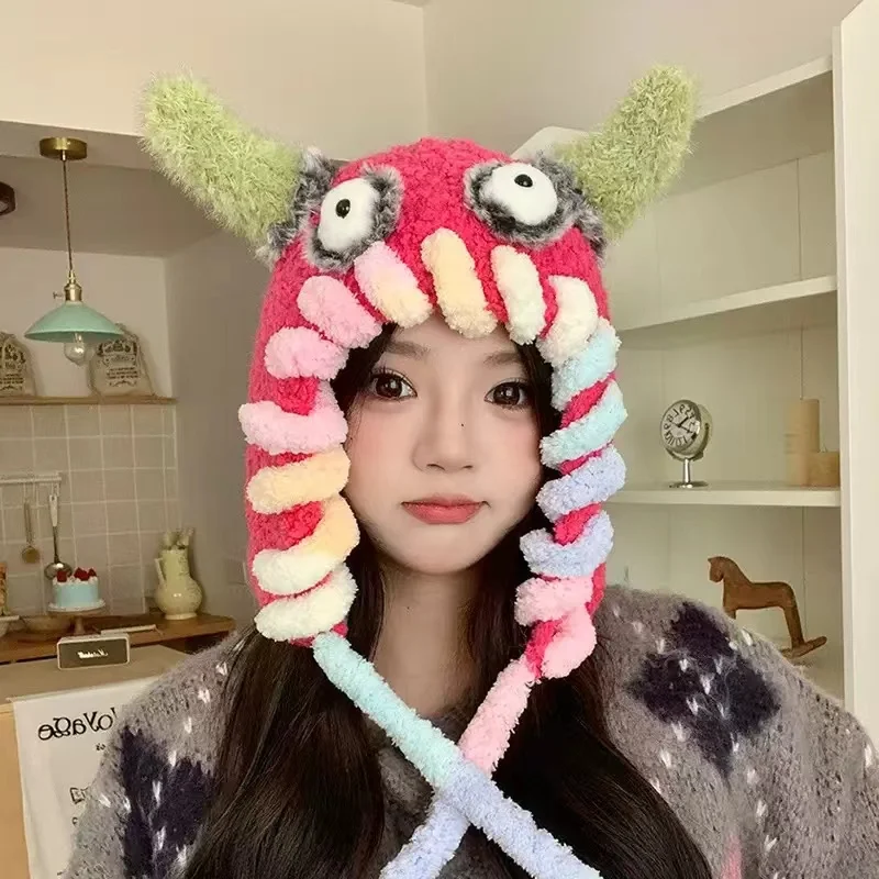 Funny Monster Dopamine Knitted Hats for Women Furry Cute Hat Winter Beanie Cap Outdoor Warm Ear Protection Bomber Hats