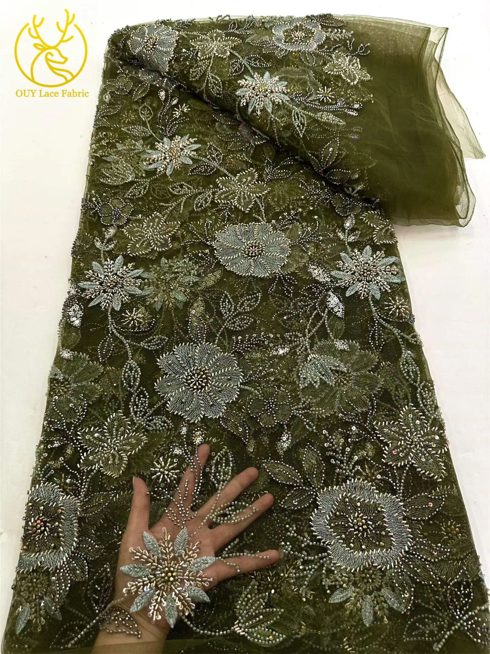 2026 Neuester Stil Luxuriöse Stickerei Schwer Perlenbesetzte Spitze Hochwertige Mesh Afrikanische Pailletten-Spitzenstoffe für Hochzeitskleider – Detail 13