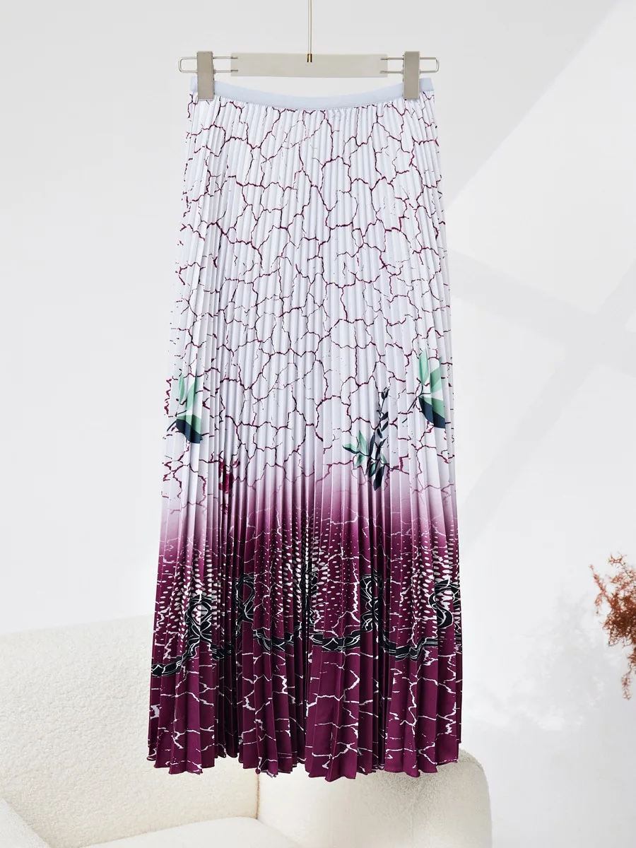 High quality women's pleated suit stretch print top a-line skirt Miyake fashion women's two-piece suit