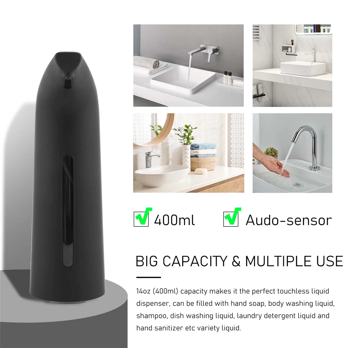 A97G موزع الصابون الأوتوماتيكي الأسود بدون لمس، موزع الصابون السائل التلقائي للحمام المطبخ 400 مل
