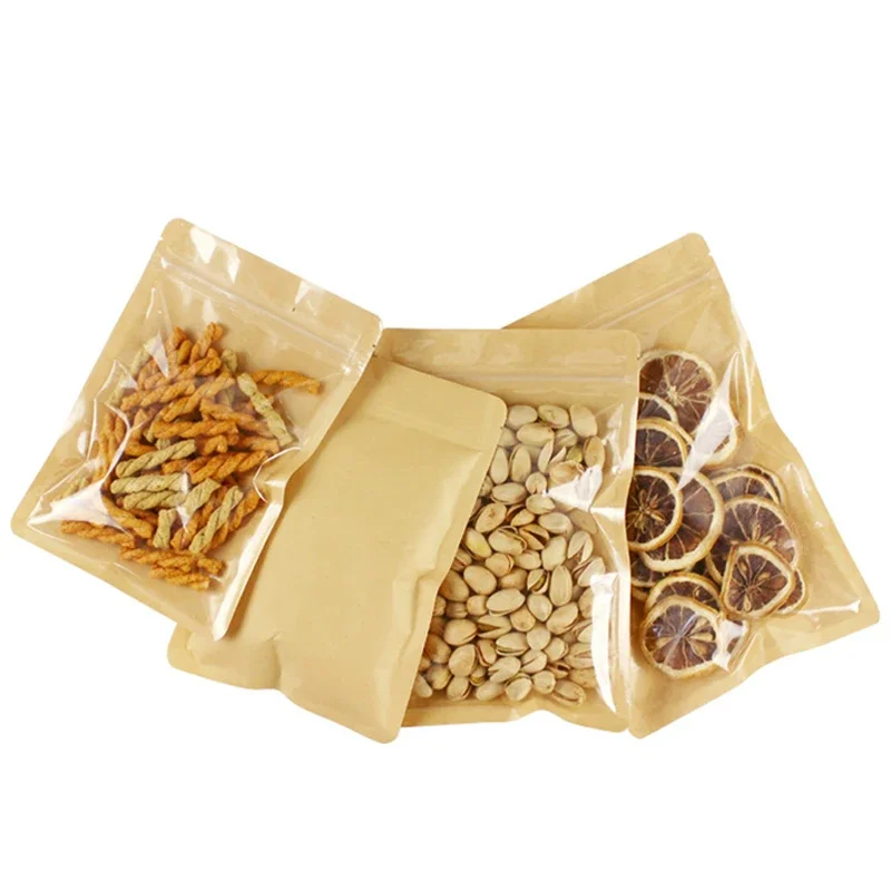 Braune Einseitig Transparente Wiederverschließbare Plastik-Fenster-Kraftpapier-Flachbodenbeutel mit Reißverschluss für Snacks und Lebensmittelaufbewahrung – Detail 3