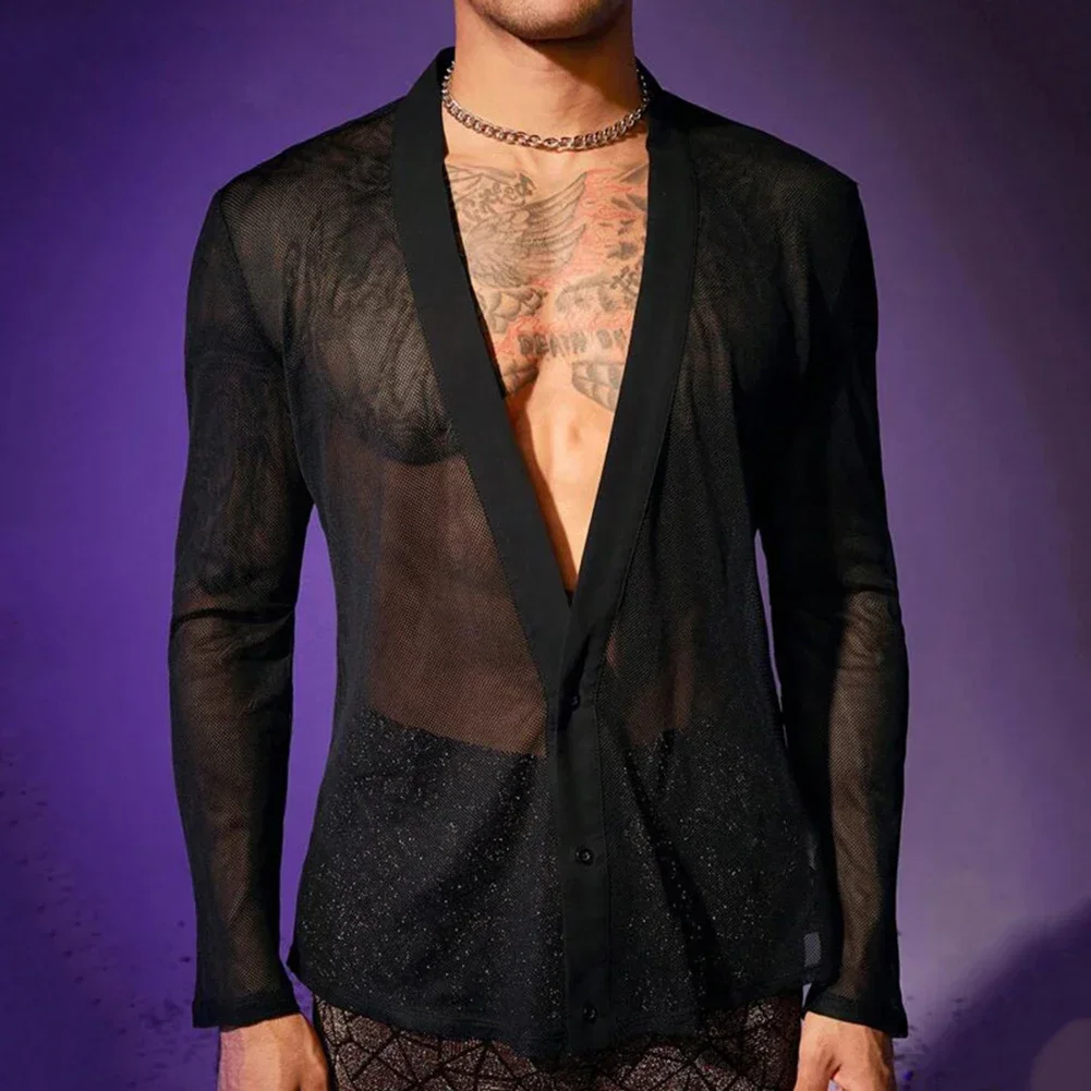 Fashion Men\'s Black Mesh Transparent Shirts And Blouses Sexy Deep V Neck 2 Buttons Long Sleeve Party Nightclub Tops Shirt