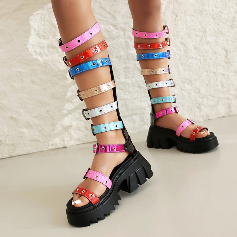 Plus Size Nine Row Patent Leather Buckle Roman Nightclub Performance Sandals T-Tie Metal Hole Hollowed Out Back Zipper Sandals