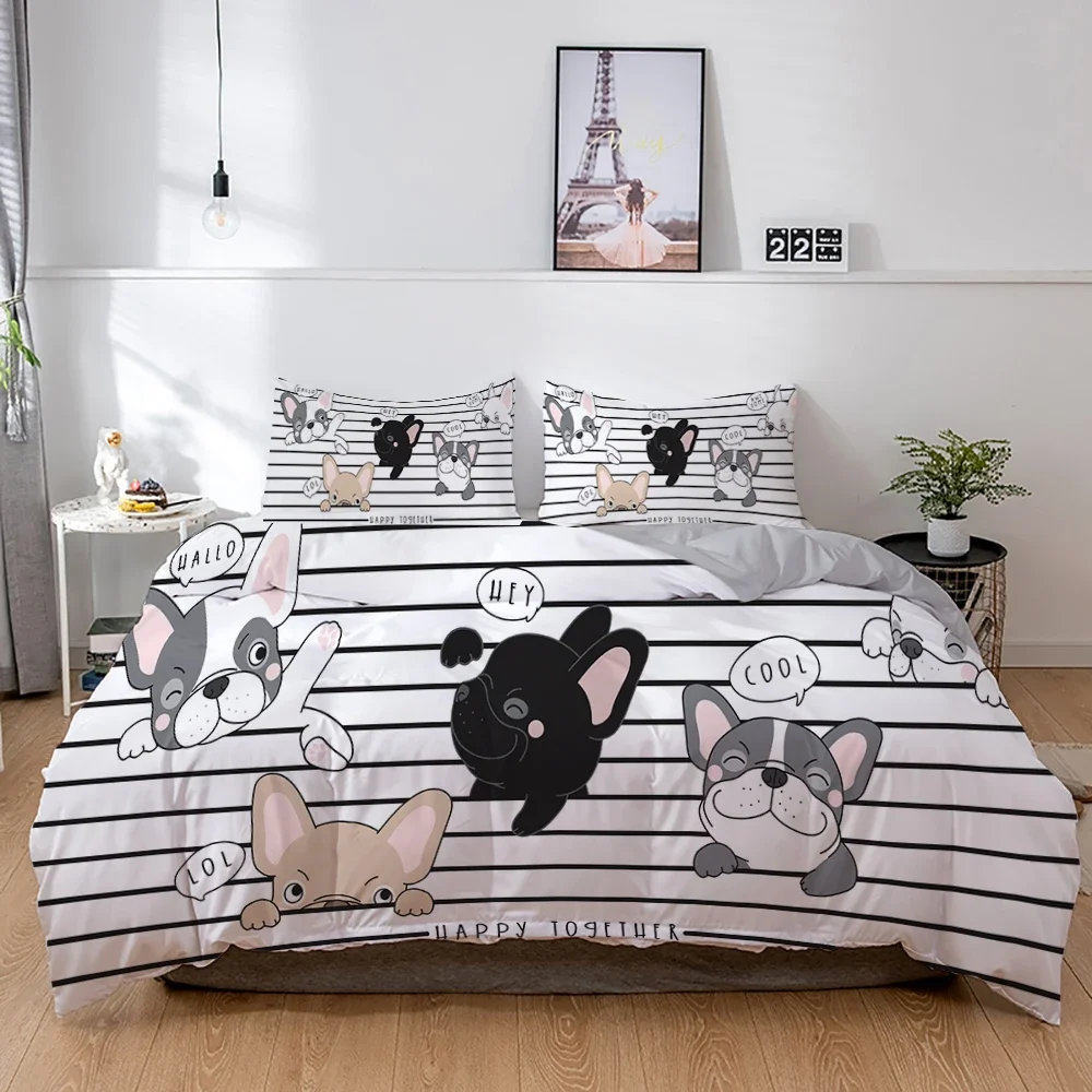 3D Dog Bedding Set Cute French Bulldog Puppy Duvet Cover Sets Cartoon Bed Cover Pet Animals Home Textiles Queen 2/3Pcs King Full