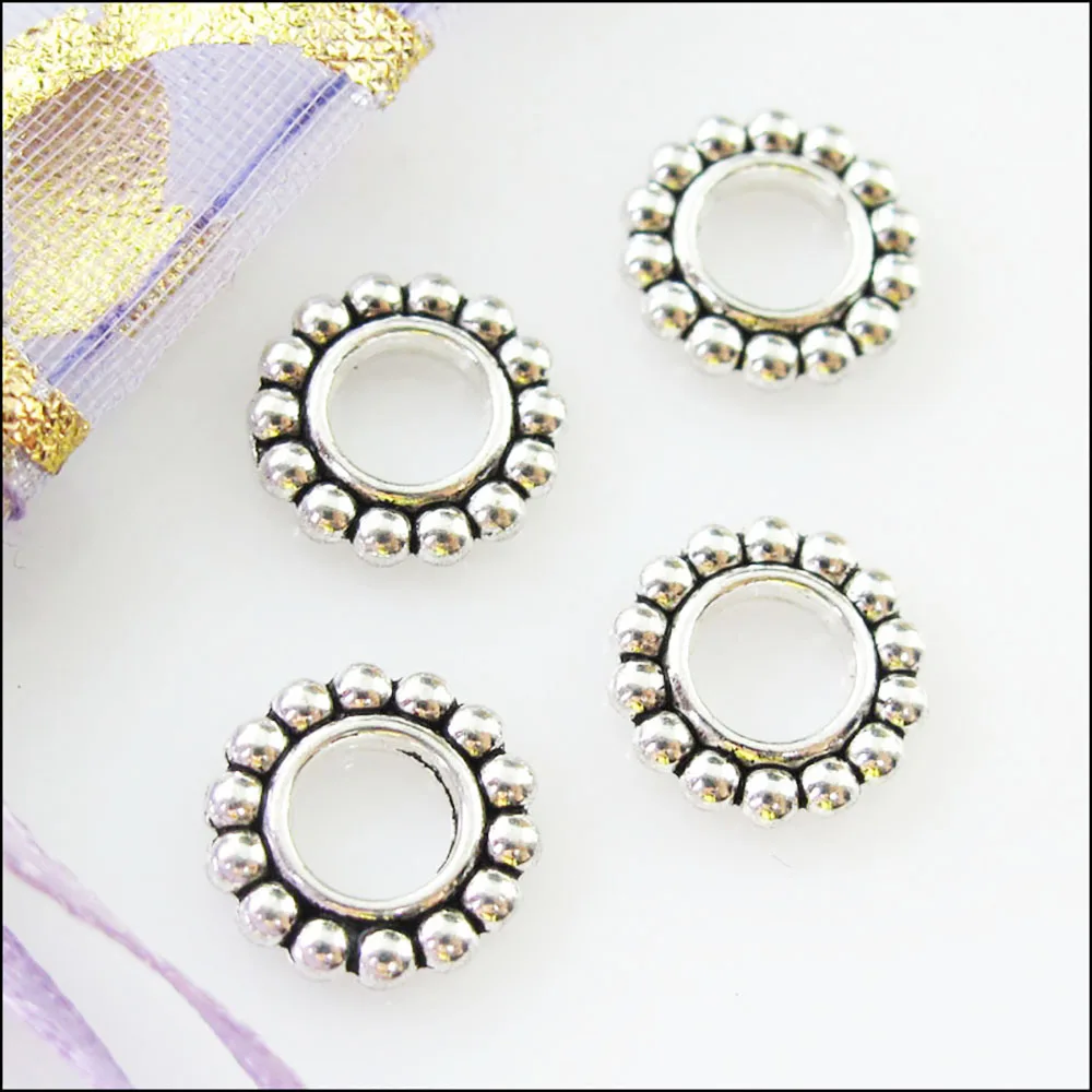 60Pcs Tibetan Silver Color Round Circle Spacer Beads Charms 10mm