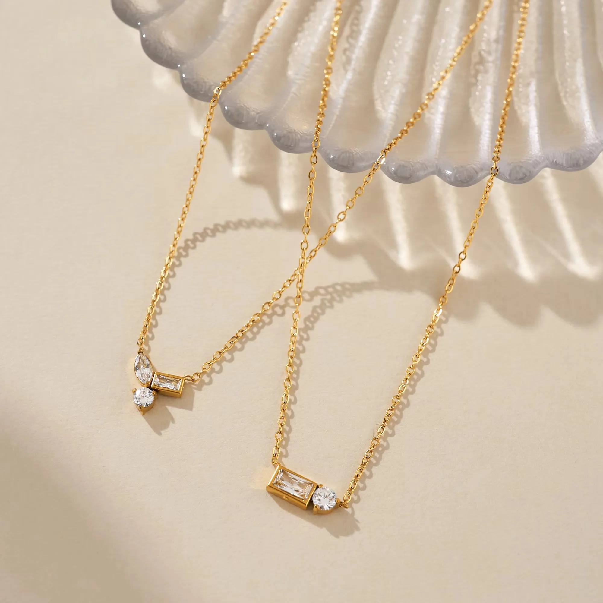 Tarnish Free 18k Gold Plated Stainless Steel French Minimalist Zircon 2 Design Pendant Necklace for Women Chains Choker Jewelry image 2