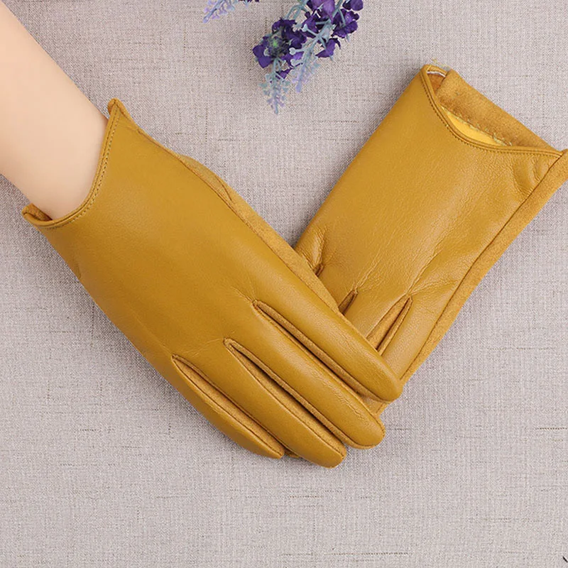 Guantes de conducción de dedos completos para mujer, manoplas de pantalla táctil de Color sólido, forro de felpa de gamuza, cuero PU, calentadores