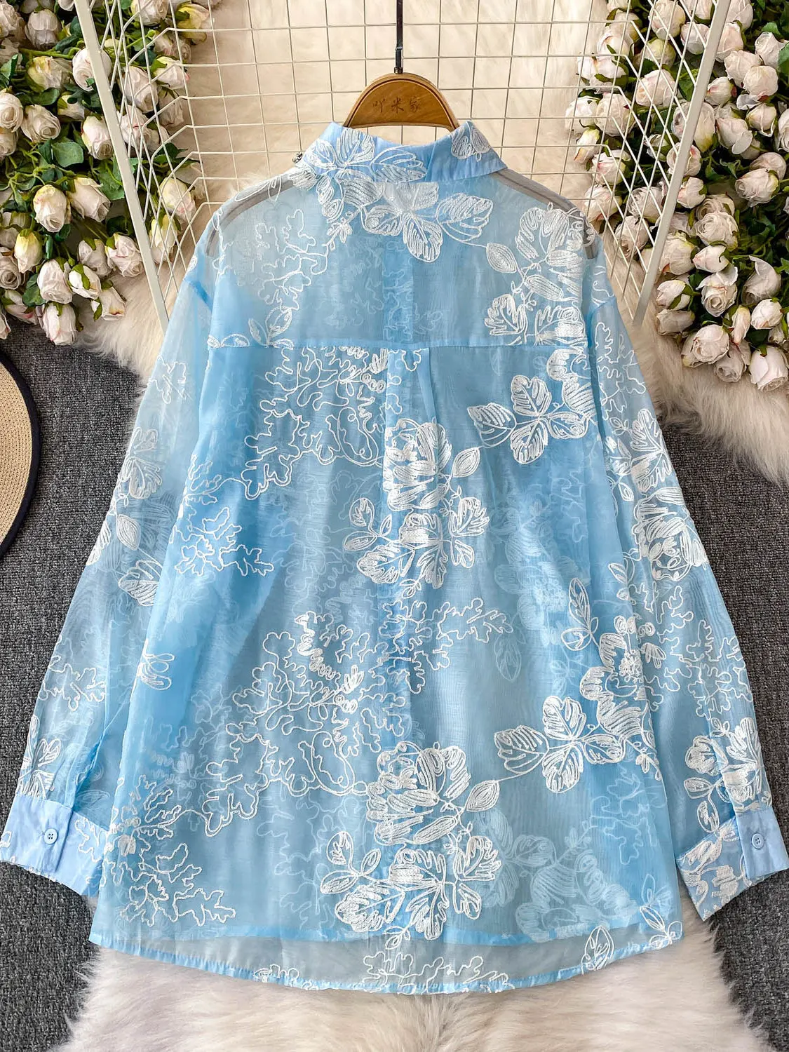 

Embroidered Diamond Studded Long Sve Sun Protection irt Women's Spring Summer Thin Veil Loose Slimming Top