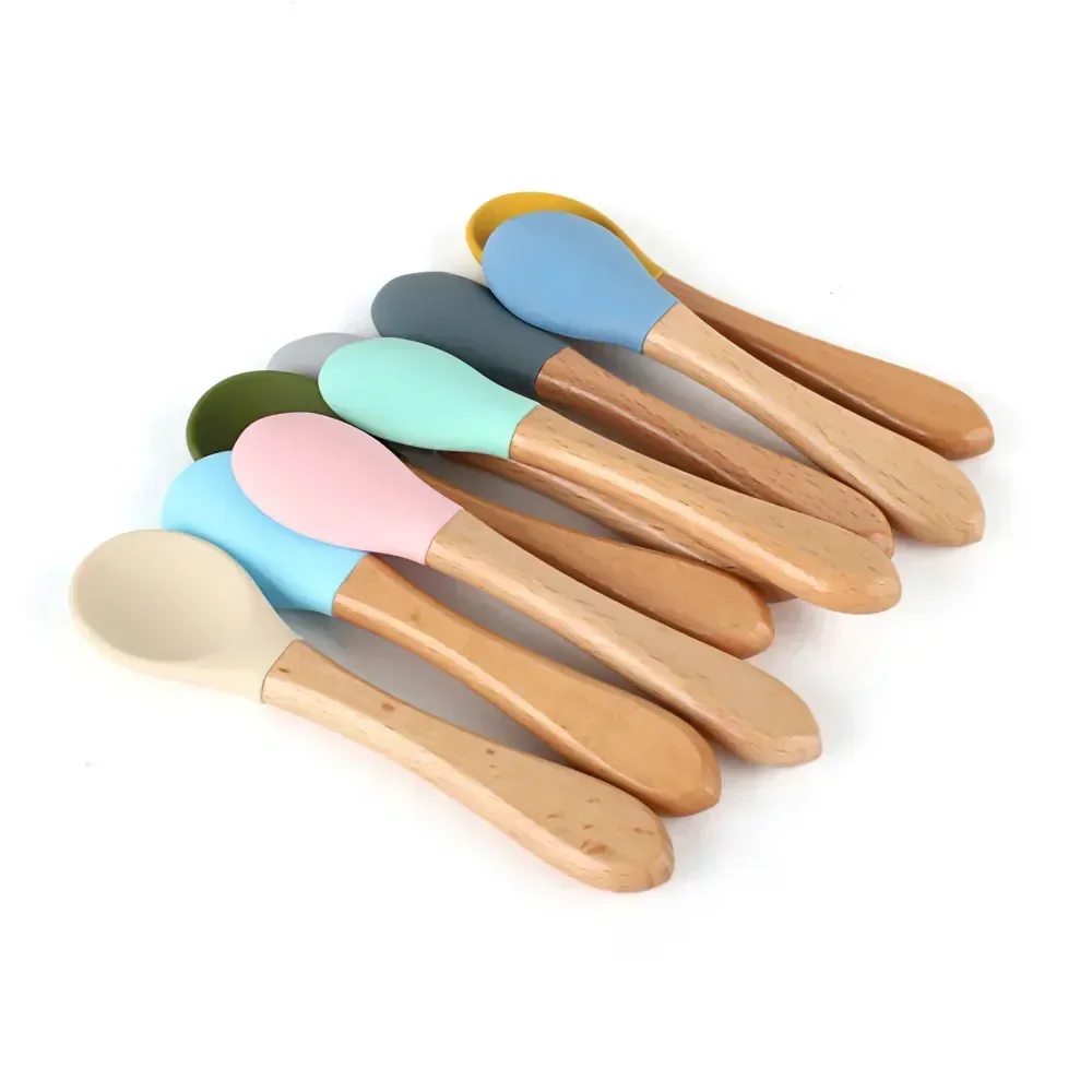 Baby 2pcs Silicone Fork Spoon Baby Beech Wood Feeding Spoon Toddlers Infant Feeding Accessories BPA Free Baby Feeding Tableware