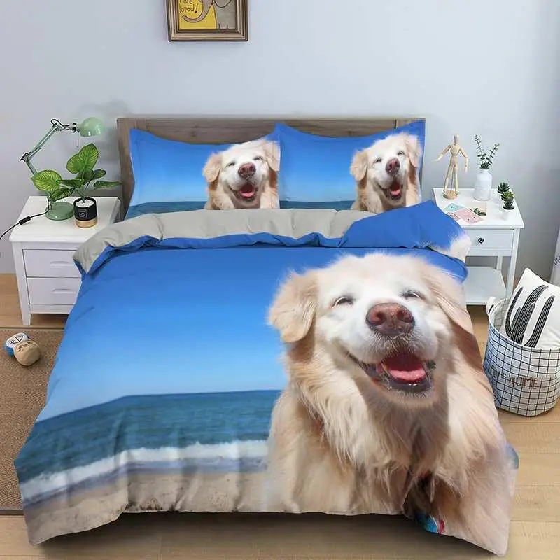 Dog Duvet Cover Set Golden Retriever Queen Size Bedding Set for Boys Girls Microfiber 3D Pet Themed Animal Funny Dog Quilt Cover