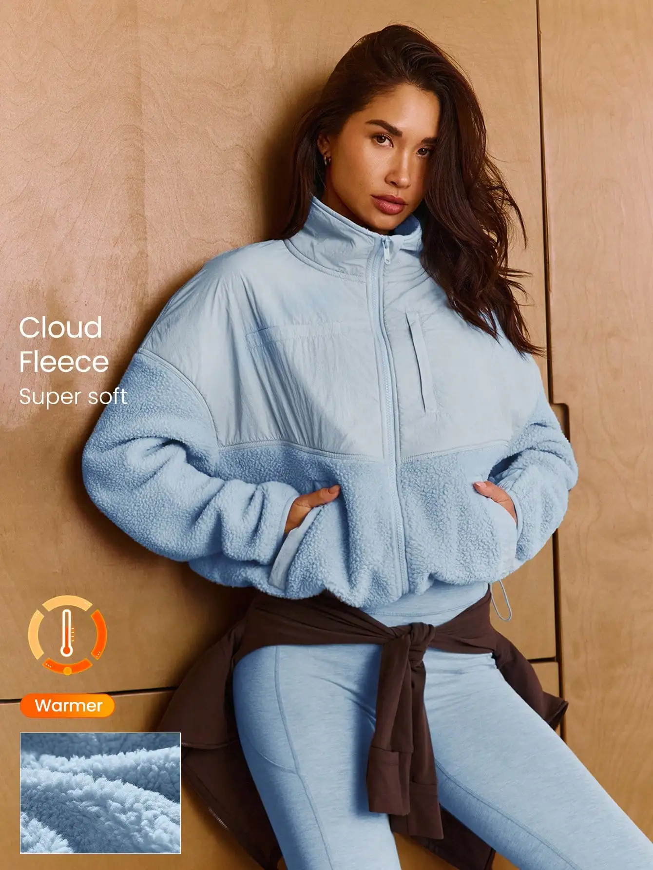 

Cloud Fleece Two-Tone Zip-Up Jacket with Drawstring Hem & Side Pockets for Fall Winter Casual Wear