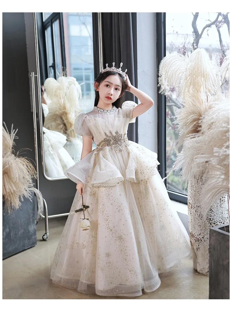 Champagne Dress Sequin Lace Appliques Princess Pageant Birthday Party First Communion Gowns Flower Girl Dresses For Wedding