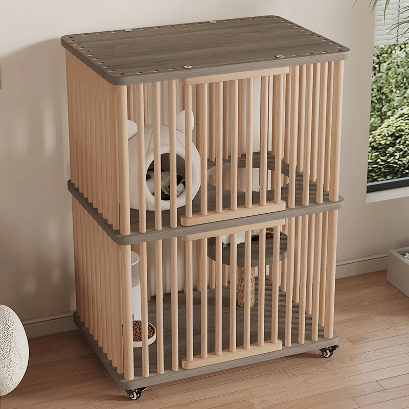 

Lesqueak-Solid Wood Cat Cage, Multi-functional Cat Villa, Luxury Cat House, Indoor Cat Nest panorama, 2 Layers, Beige