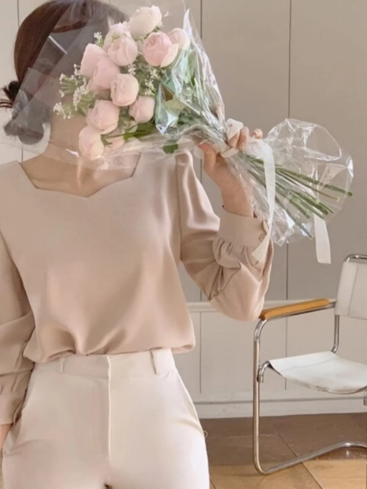 Chic Square Collar Bubble Sve Overhead irt Women's Early Spring New Tea Break Pure Color Versatile Long Sve Top