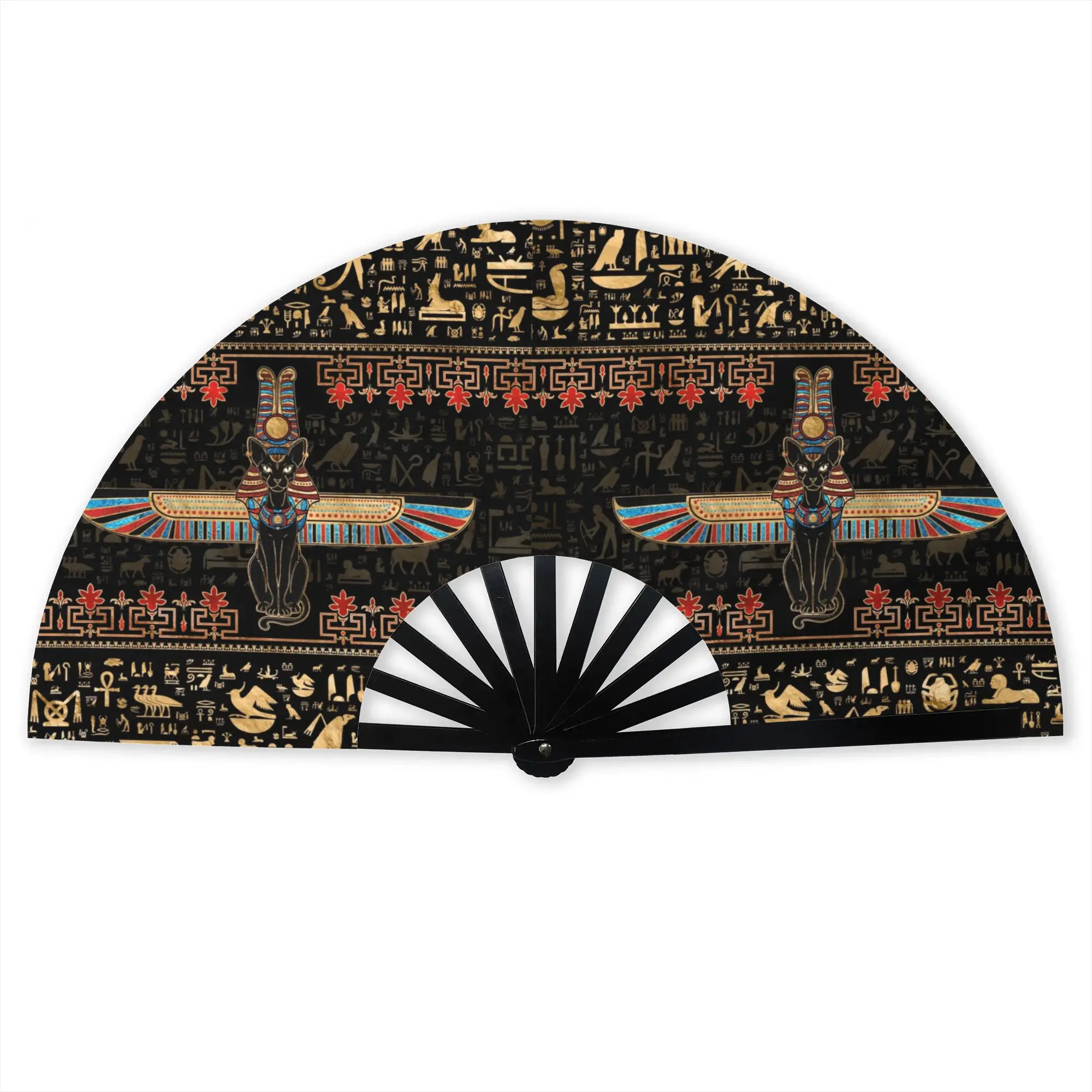Egyptian Hieroglyphs Stylish Hand Fan Men Ancient Egypt Symbol  Polyester Fan Vintage Costume Prop Folding Fans For Sports Event