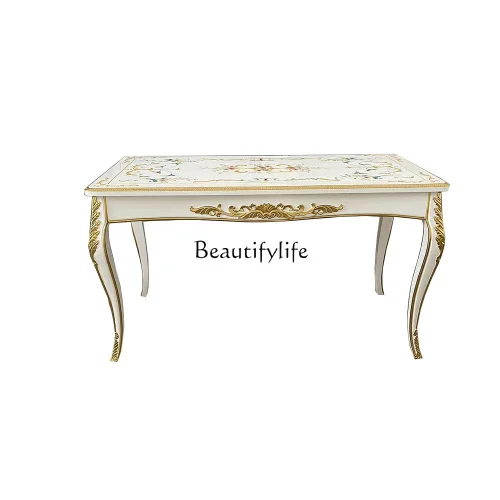 

4French luxury solid wood carving flower painting heavy industry carving gold dining table European light luxury desk and chair