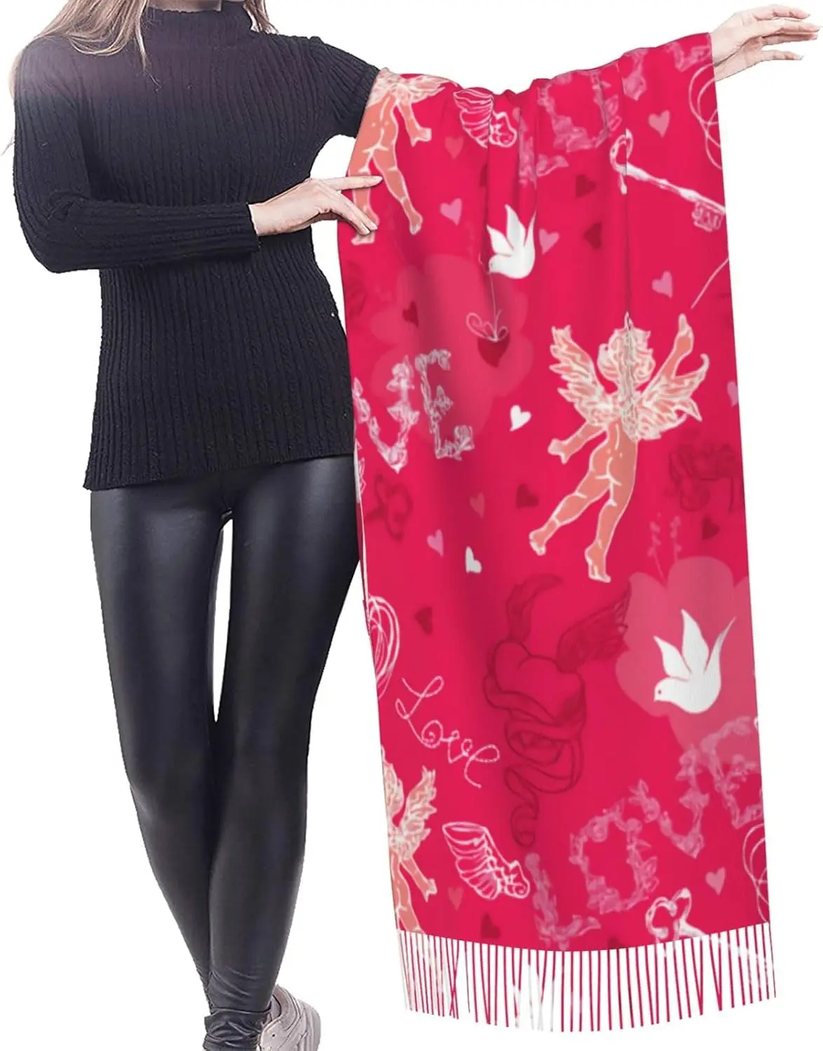 ارتفع اللون القلب عيد الحب الحب الكشمير هامش وشاح الخريف والشتاء الأوشحة الحريرية للسفر عطلة ديكور الحفلات