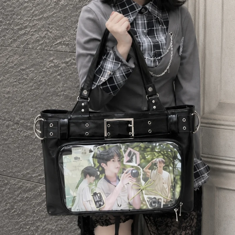 Fashion Rivet Decor Ita Bag Punk Belt Design Clear Window Tote Bag Hidden Layer Handbag Adjustable Wide Strap Shoulder Bag