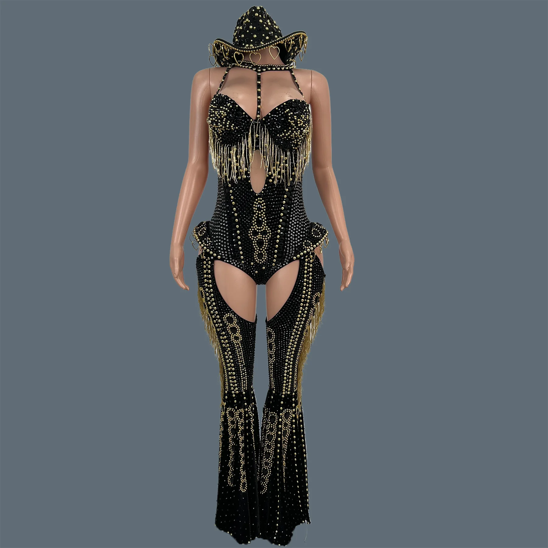 

Sparkly Rhinestone Tassel Jumpsuit Bodysuit 4PCS Set Club Party Cowboy Show Outfit Cabaret Showgirl Sexy Bell-bottoms Hongding
