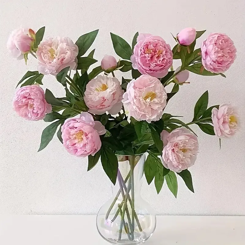 Beautiful 3-Head Peony Artificial Silk Flower Realistic Long Branch Fake Flower for Home Wedding Decoration Living Room Party