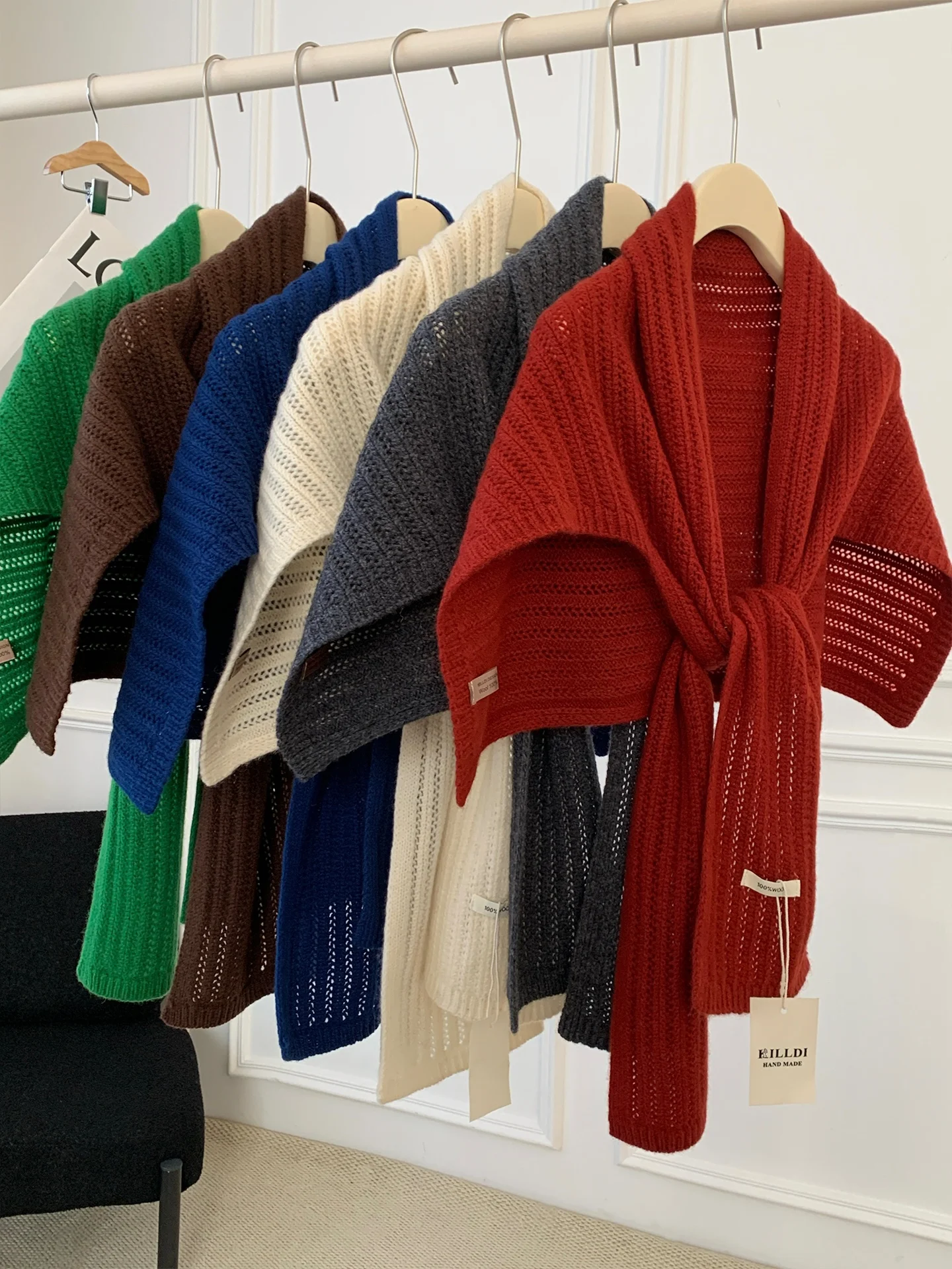 100% Pure Wool Knitted Shoulder Wrap Women's Fashionable Minimalist  Color Hollow out Design Versatile Outerwear Scarf