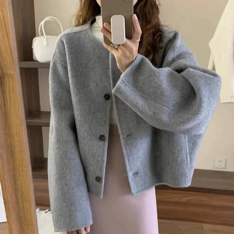 معطف كاميرا دافئ ذو وجهين معطف كاميرا مستدير Ne كوري Sle ملابس خارجية للنساء معطف صوفي للسيدات للشتاء