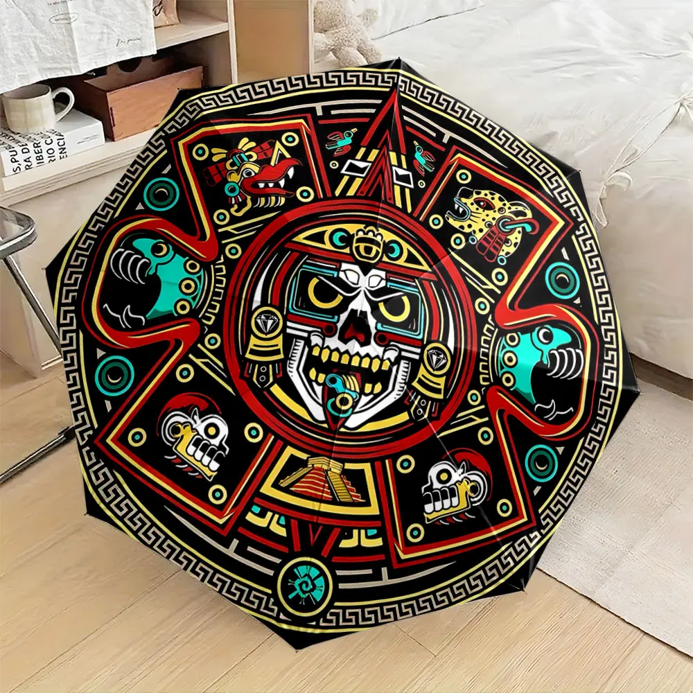 1PC Aztec-Inspired Skull Umbrella with Vibrant Design Print 8 Iron Ribs Folding Umbrella Auto-Open Fashion Sunshade