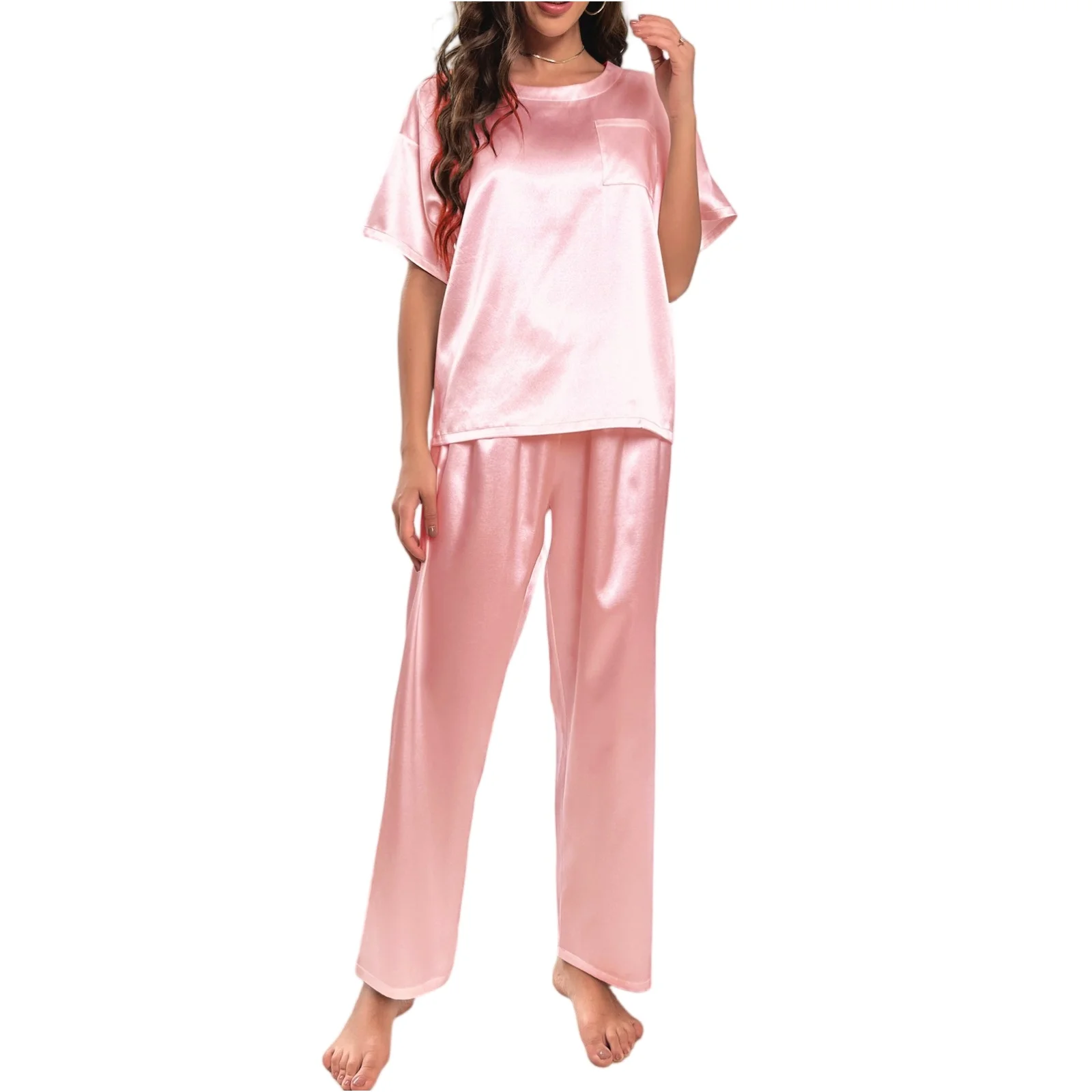 

Высококачественные женские свободные повседневные пижамы из ледяного шелка, удобные длинные штаны с короткими рукавами, пижамный комплект, домашняя одежда, пижамный комплект