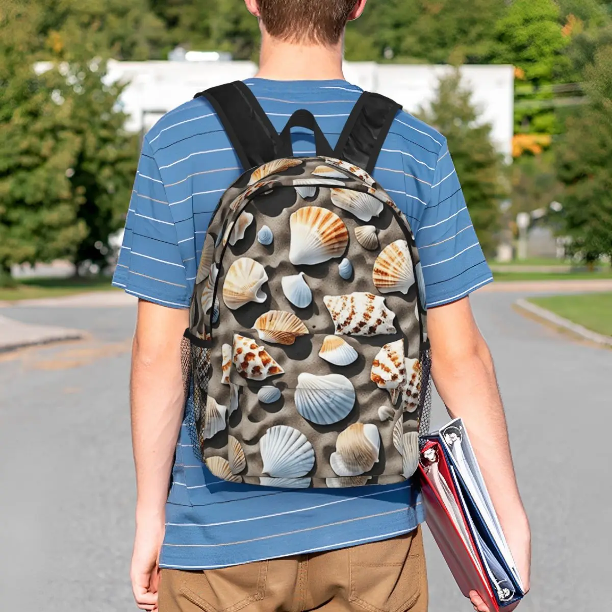 Beachthemed Starfish Shell Pattern Backpack Student BookBag Kids School Bag Laptop Shoulder Bags for Boys Girls