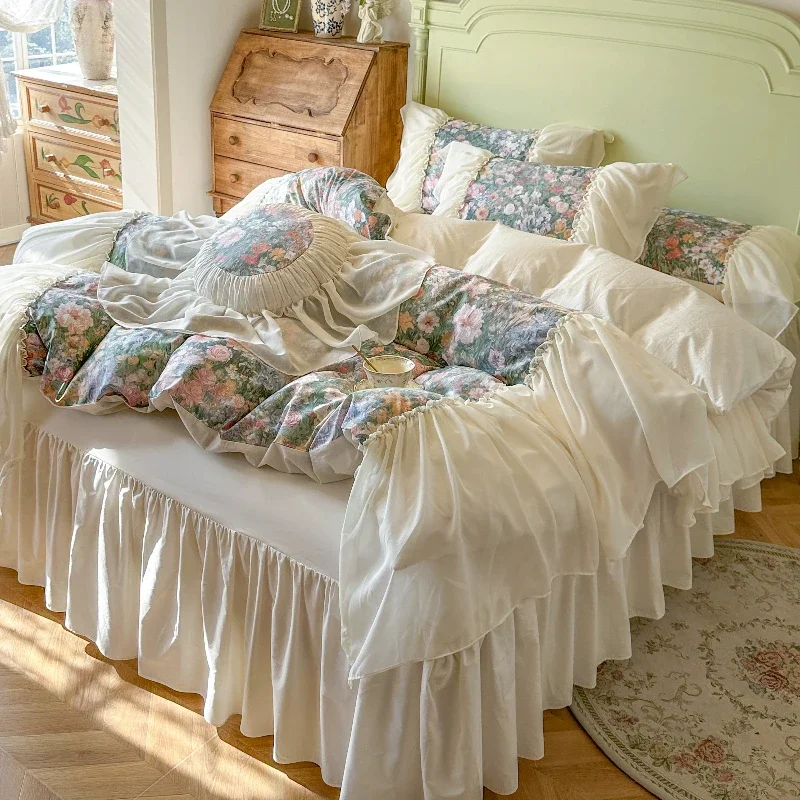 French Retro Bedroom Floral Long Staple Cotton Four Piece Set Princess Style Pure Cotton Edge Duvet Set Bed Skirt Style