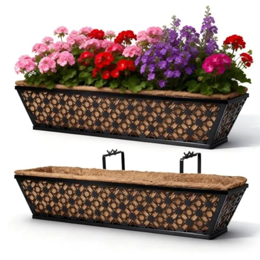 

2 Set Deck Railing Planter Box 24" Black Metal Garden Trough Deck Planter English Horse Trough Window Box with Coco Liners