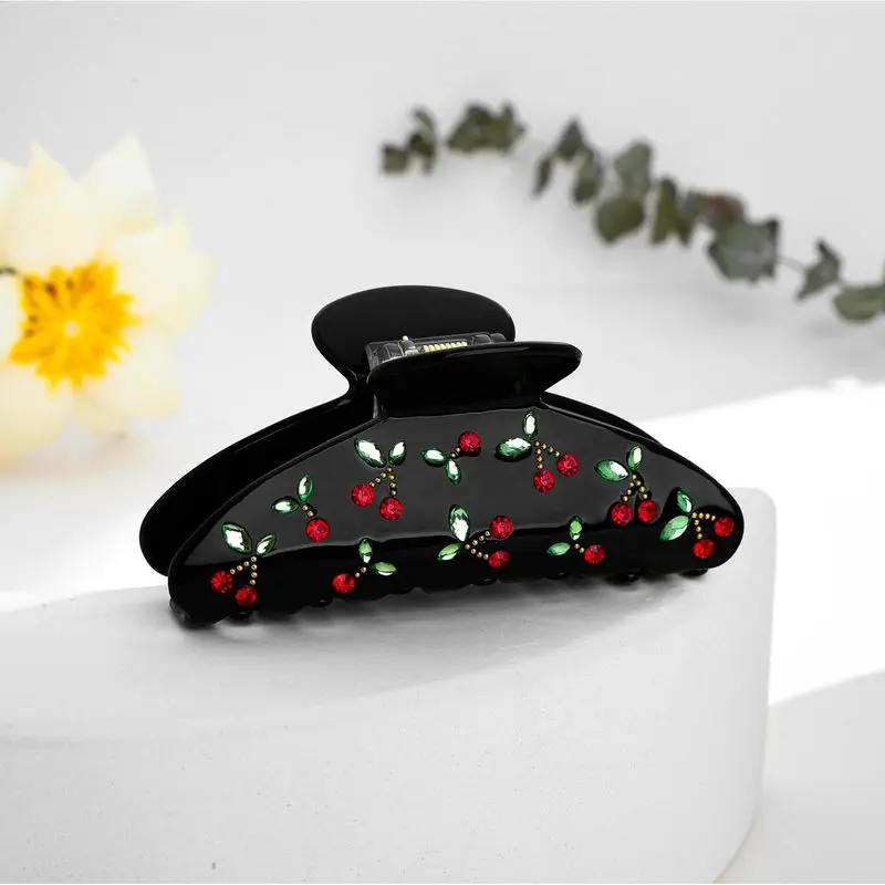 1 buah jepit rambut ceri, berhiaskan berlian imitasi, bertemperamen manis, retro, kemewahan ringan, untuk rambut kepang, jepit rambut model shark, aksesori rambut kecil dan segar