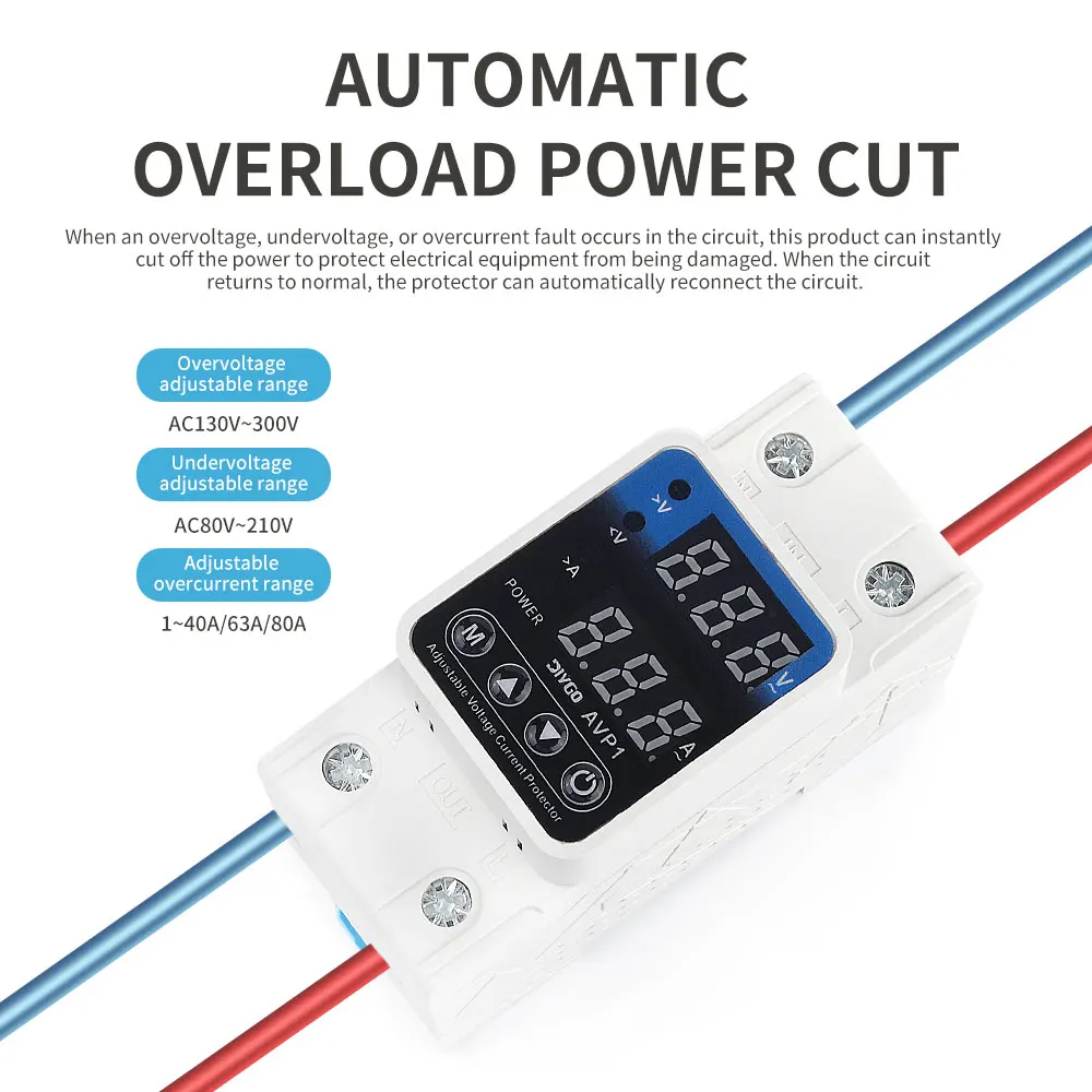 

40/63/80A 220VAC AVP1 Auto Reconnect Digital Display Voltage Protector Din Rail Adjustable Over Under Voltage Current Protection