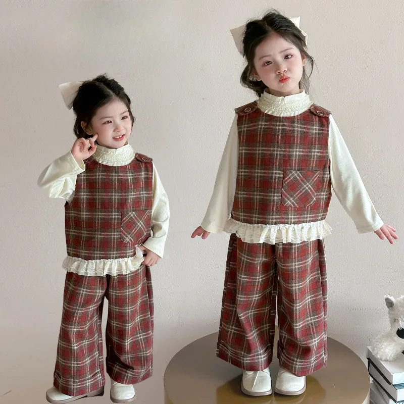 Girls Spring Autumn Sweet Clothing Set Fashion Children's Plaid Vest + Base Shirt + Wide-Leg Pants Three-Piece Set