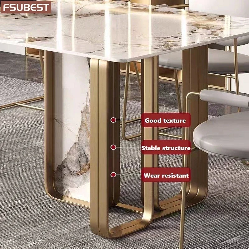 Designer Luxury Dinner Rock Slab Dining Room Table Set 4 6 8 Chairs Esstisch Furniture Meuble Marbre Stainless Steel Gold Base