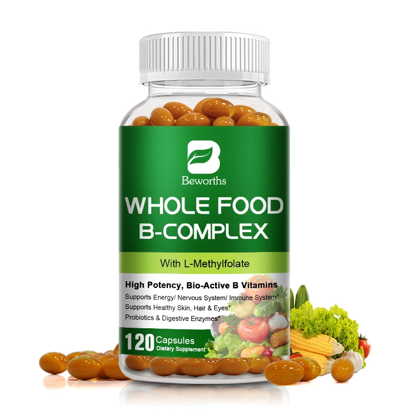 

BEWORTHS Vitamin B Complex Capsules Whole Food Supplement B1, B2, B3, B5, B6, B7, B12 for Stress, Energy and Immune Health