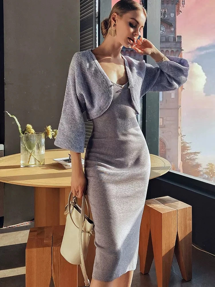 Set coordinati solidi primaverili Slim viola Strap Wrap Hip abito lavorato a maglia con scollo a V manica lunga Cardigan lavorato a maglia maglioni