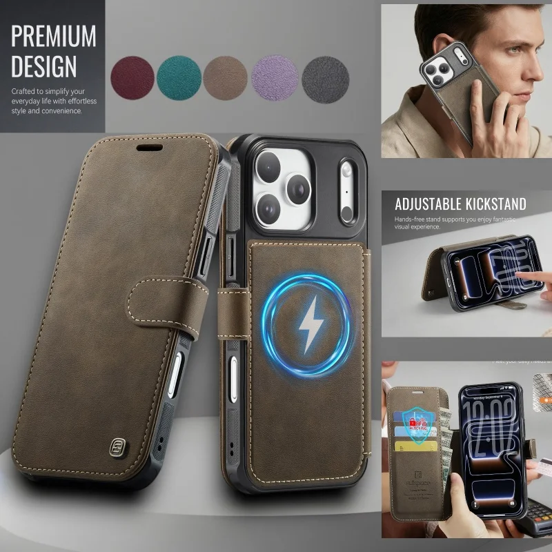 

Leather Flip Wallet Mobile Phone Cases For iPhone 17 Air 16 Pro Max 15 Plus 14 13 12 Wireless Charging Card Holder Cover Hoesje