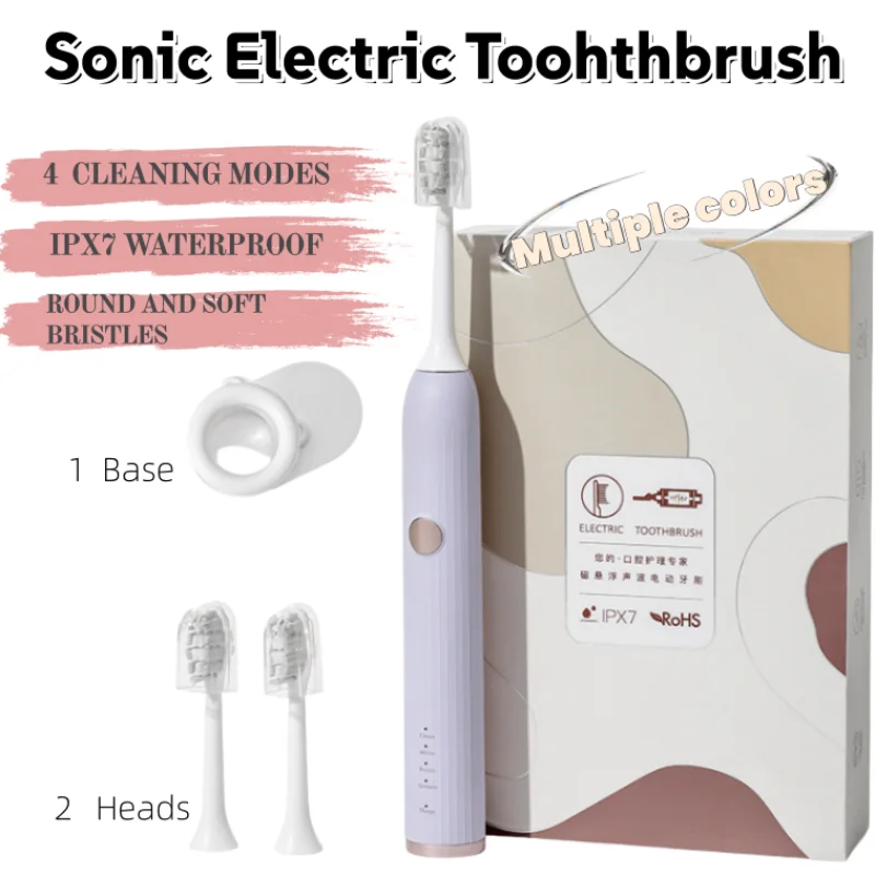 

Sonic Electric Toothbrush for Adults IPX7 Waterproof Two Brush Head USB Rechargeable High Frequency Cleaning 4 Cleaning Modes