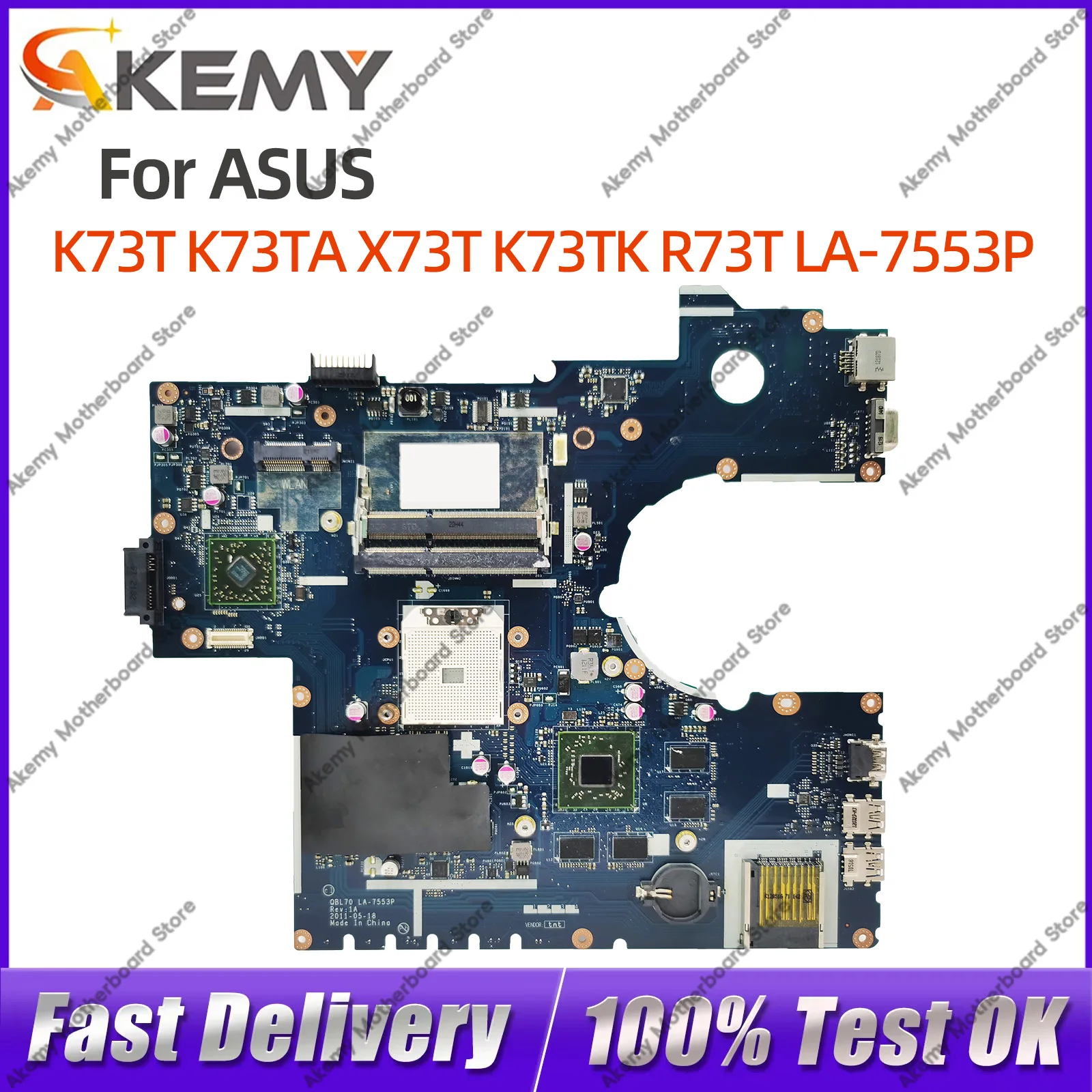 

For ASUS K73T K73TA X73T K73TK R73T LA-7553P Notebook Motherboard HD7670M 100% Tested