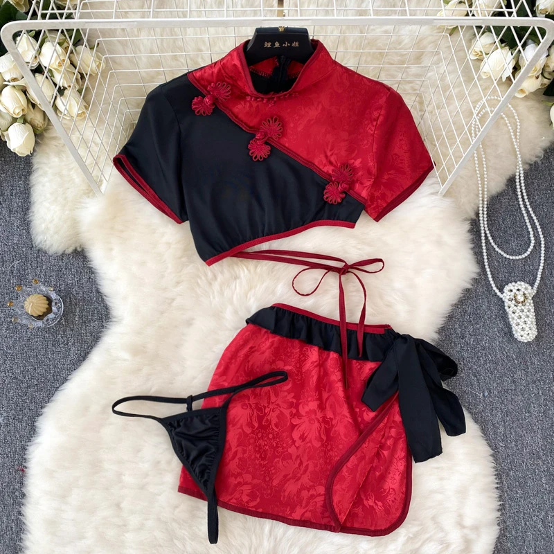 Classical Cheongsam Cosplay Traditional Dress Women's Gothic Punk Sleepwear Sexy Lingerie Set Black Red Temptation Qipao Skirt