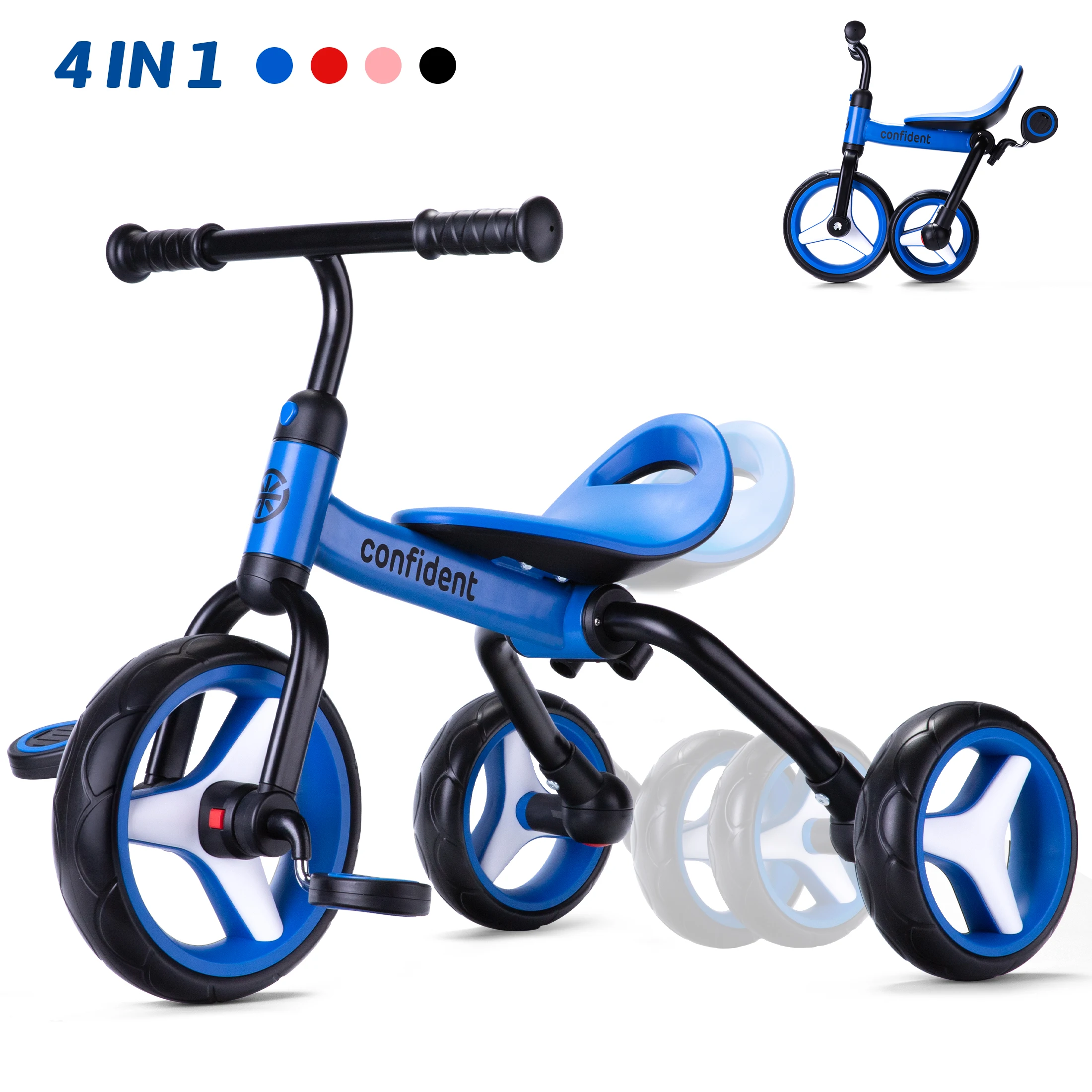 4 In 1 Kids Tricycle For 2-5 Years Old Boy & Girl Gift, Folding Toddler Balance Bike With Removable Pedals Balance Training Bike